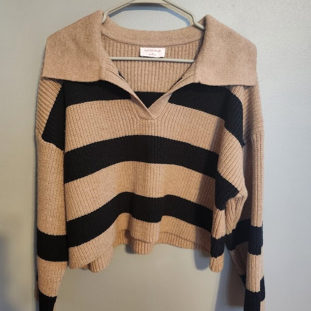 ButterMelon Wide Stripe Polo Collar Sweater Size M Brown/Black
